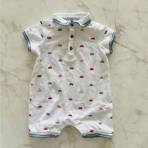 Tartine et Chocolat White Polo Onesie with Multicolor Trolley/ Car / Bus Details